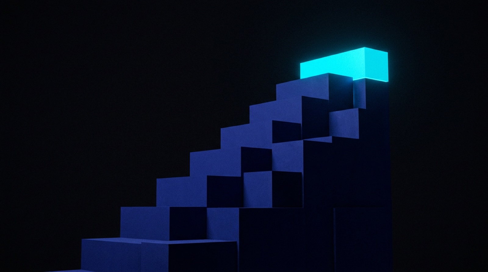 Abstract staircase of deep blue blocks with a glowing cyan top step