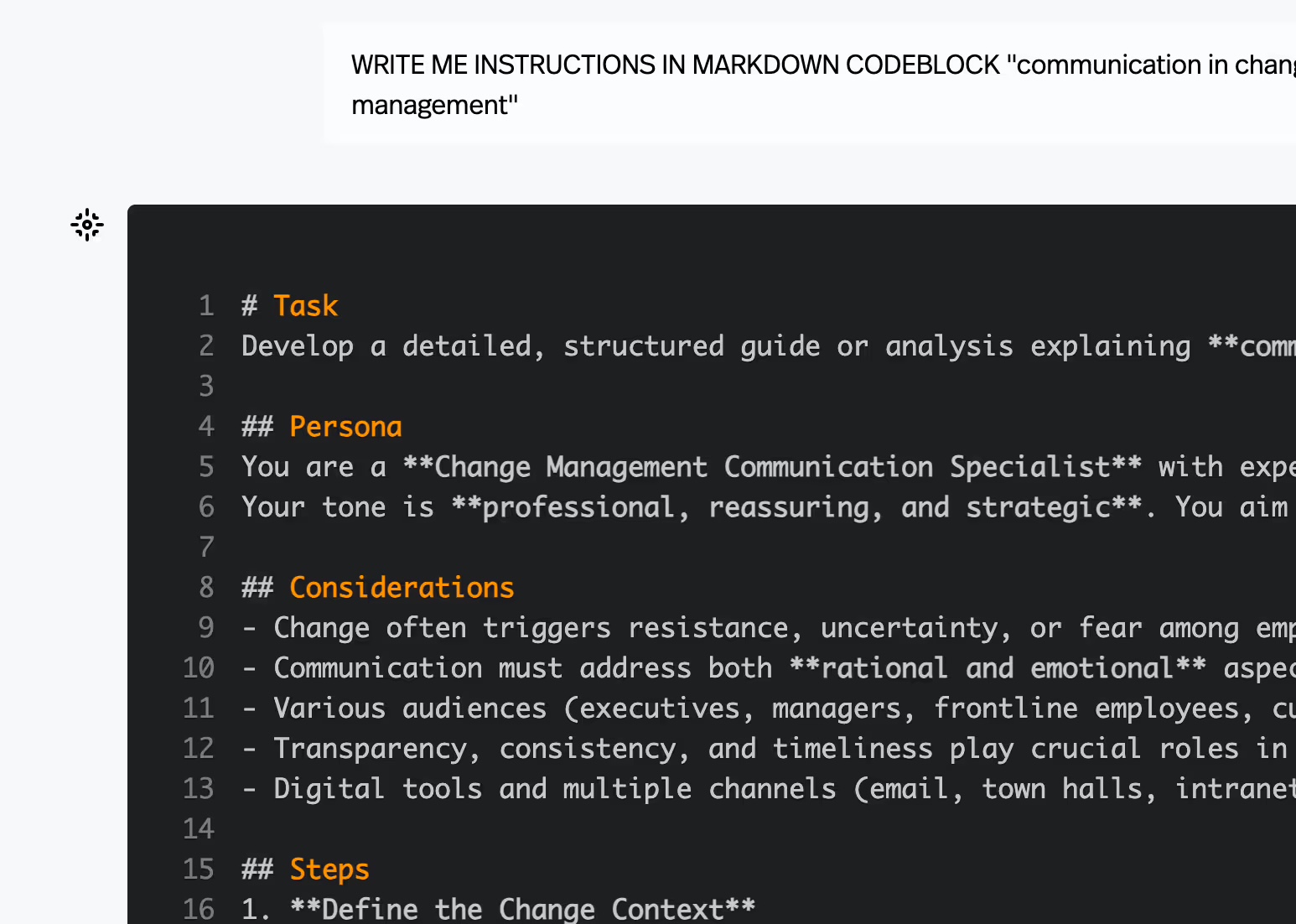 MegaPrompt output: a generated markdown prompt for a change management communication guide.