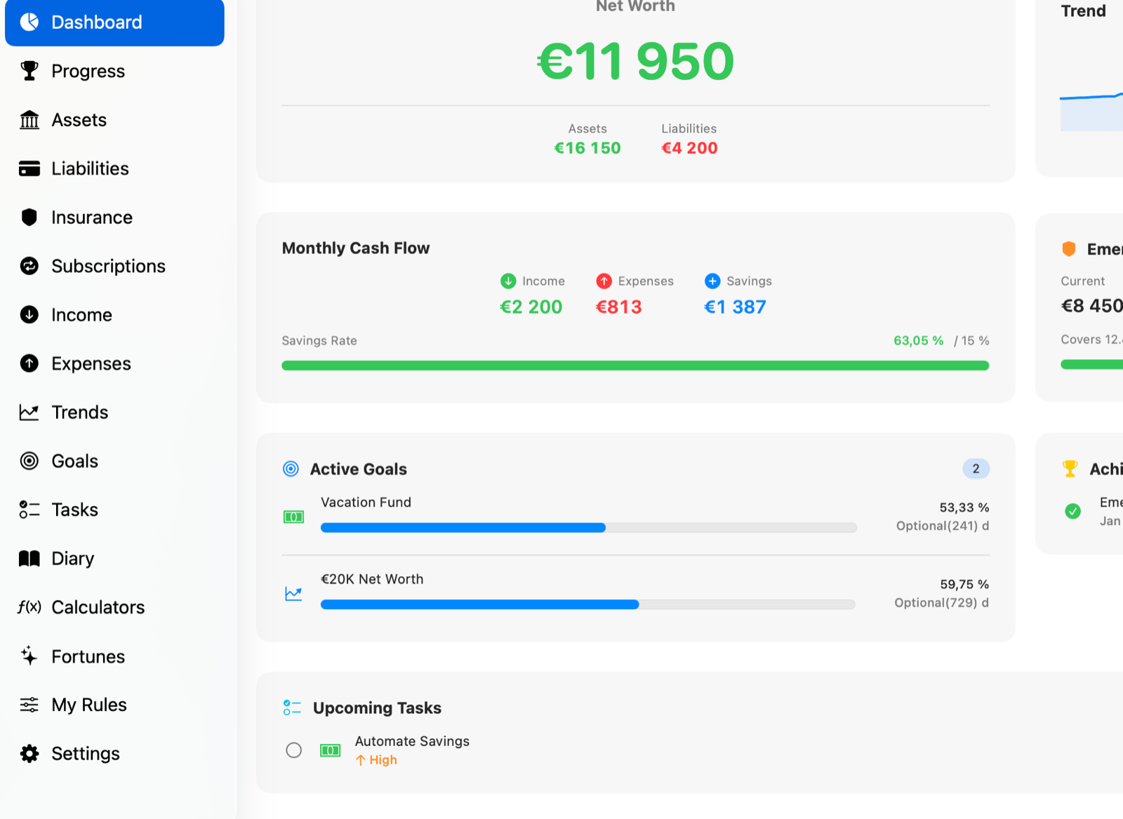 Dashboard overview with net worth, monthly cash flow, active goals, and upcoming tasks.