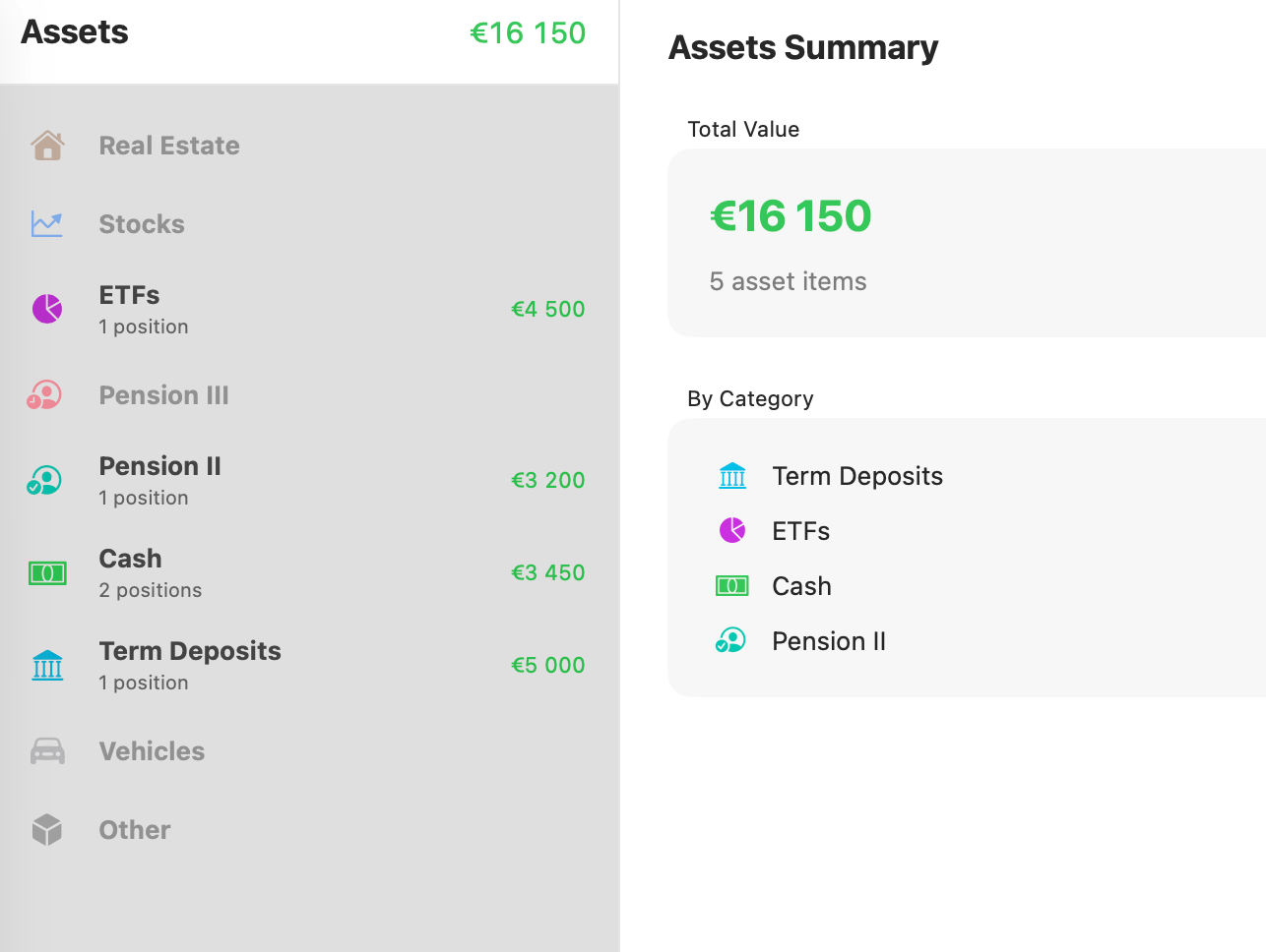 Assets summary screen breaking down total value by category: term deposits, ETFs, cash, and pension.
