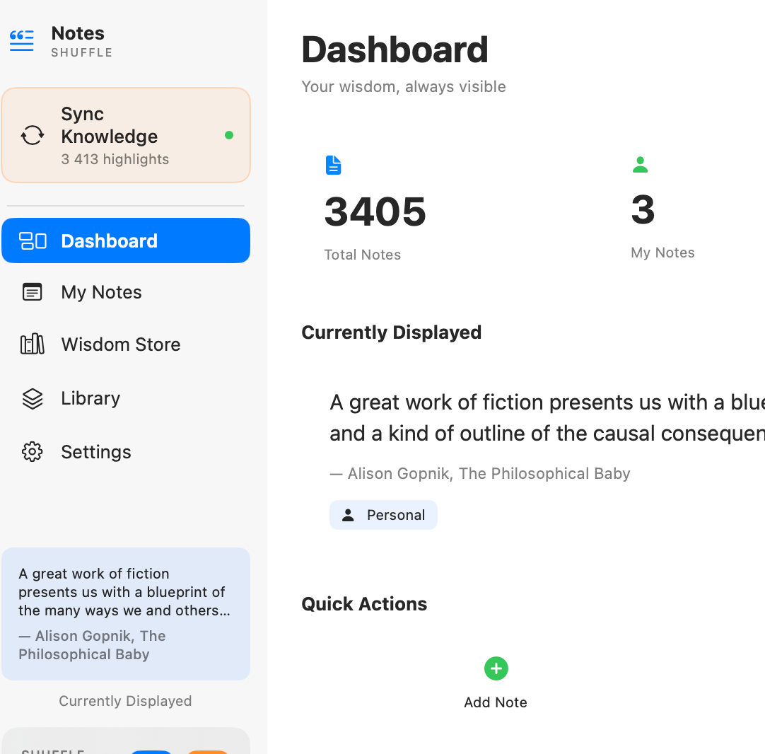 Dashboard screen showing total notes, a resurfaced quote, and quick actions like Add Note.