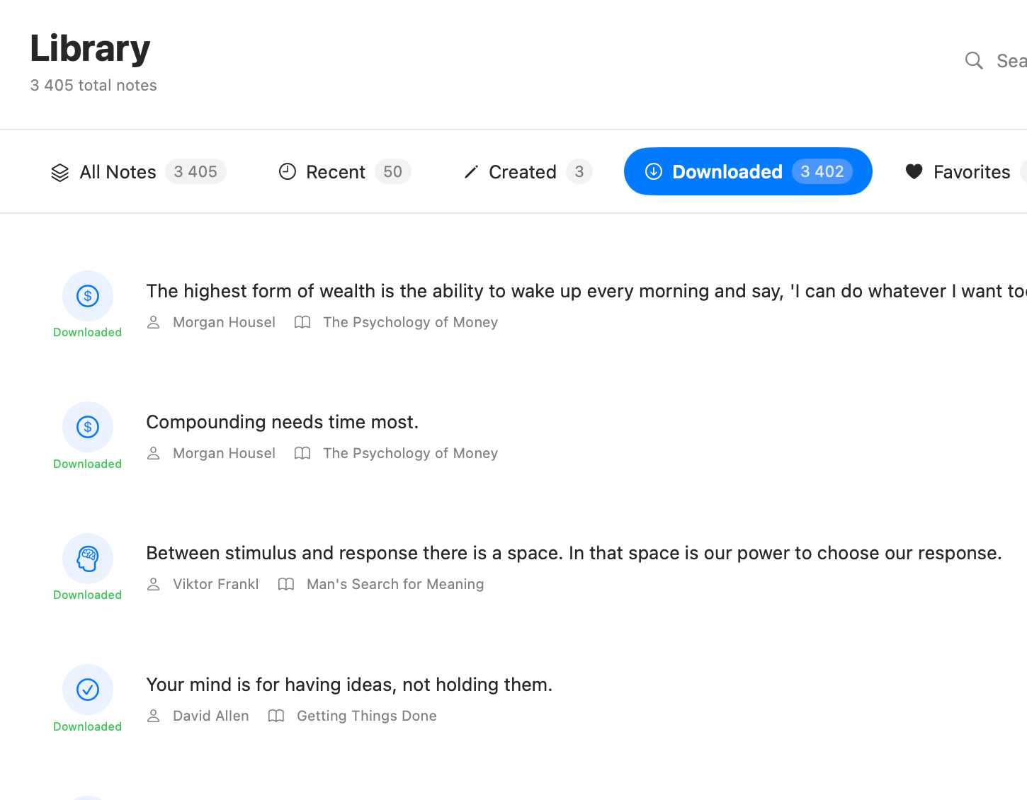 Library view listing downloaded highlights with author and book for each note.