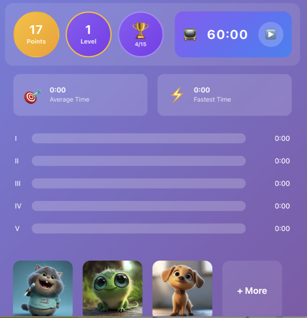TimeTrophy progress screen with points, level, trophy count, a TV time reward, and a row of character avatars.