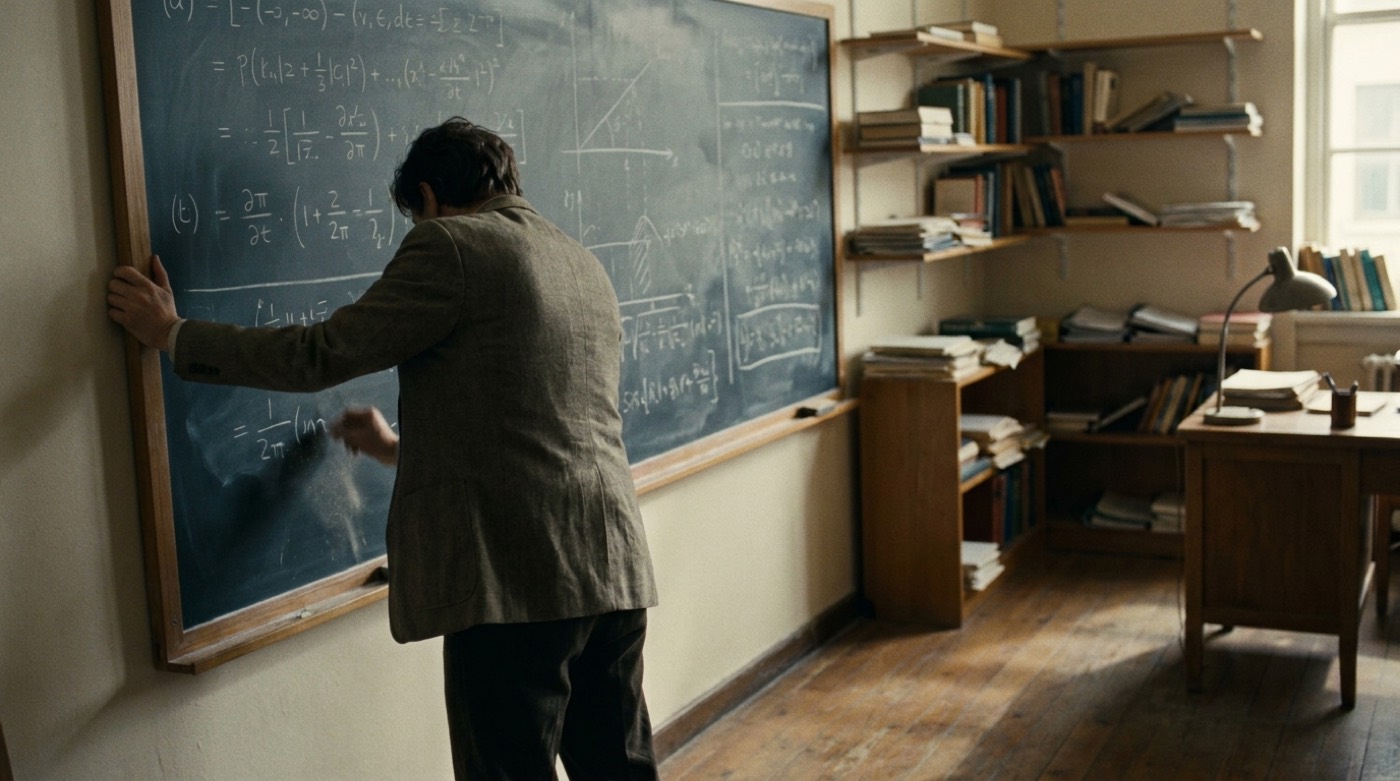 A mathematician at a chalkboard in a dim 1940s office