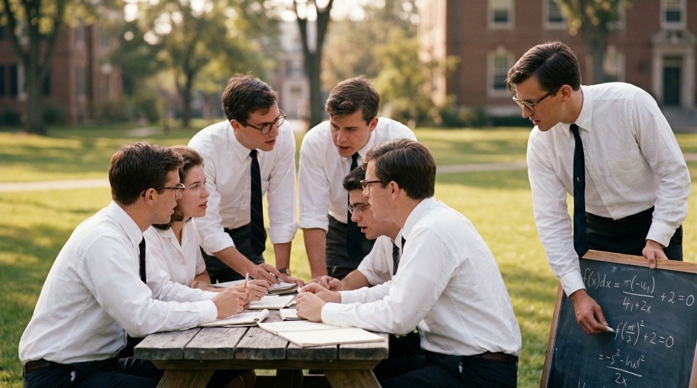 Scientists around a table on a college lawn, summer 1956