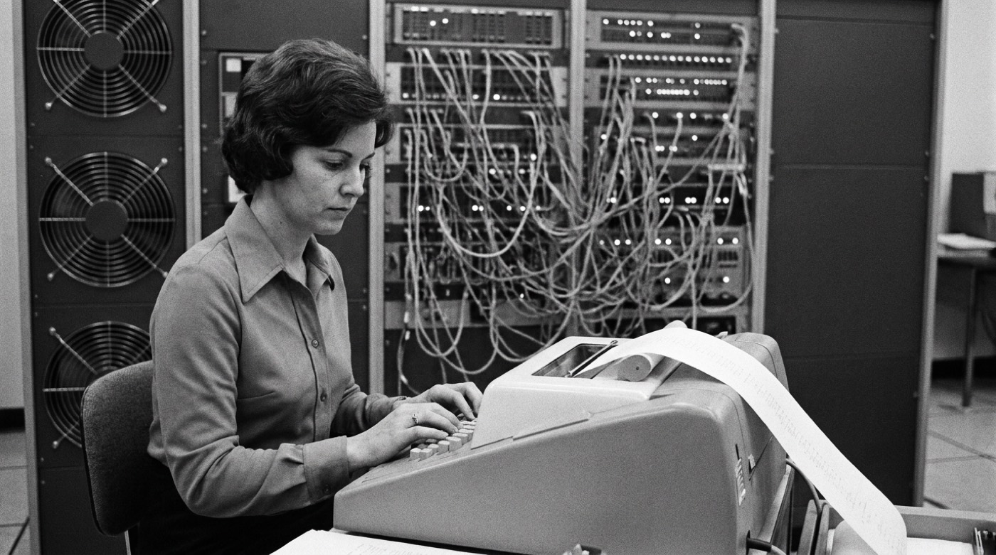 A secretary at a teletype terminal in a 1960s computer lab