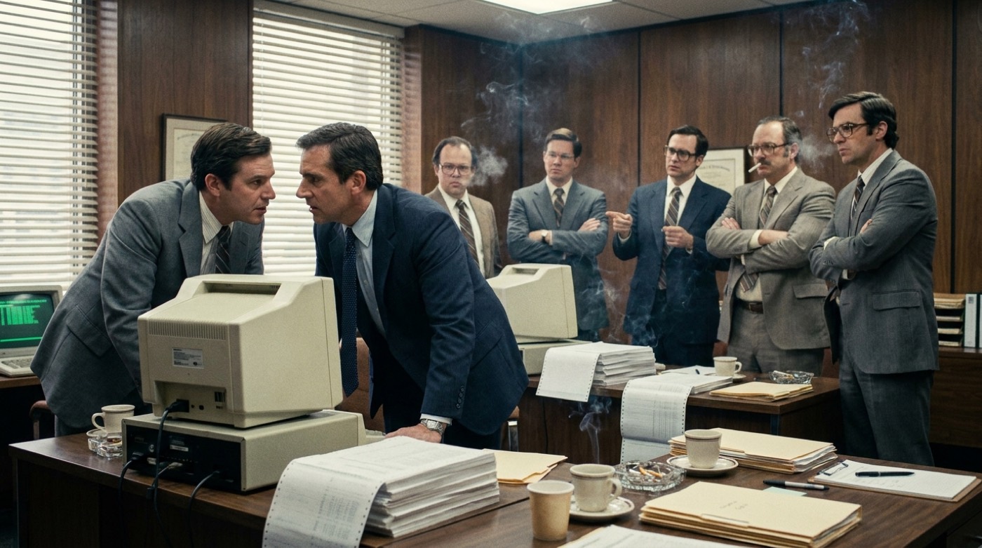 1980s businessmen around green CRT terminals