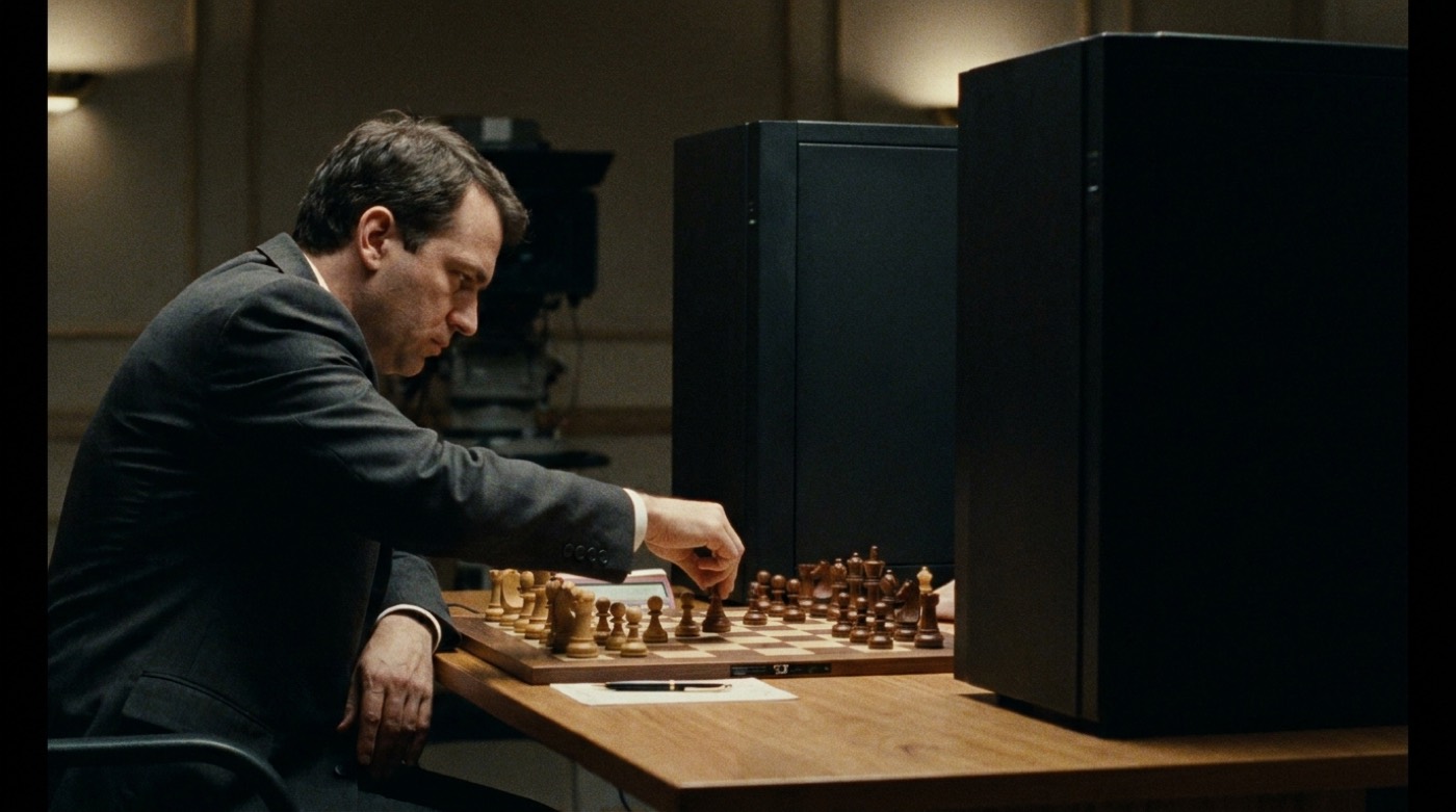 A man in shadow across a chessboard from a monolithic computer