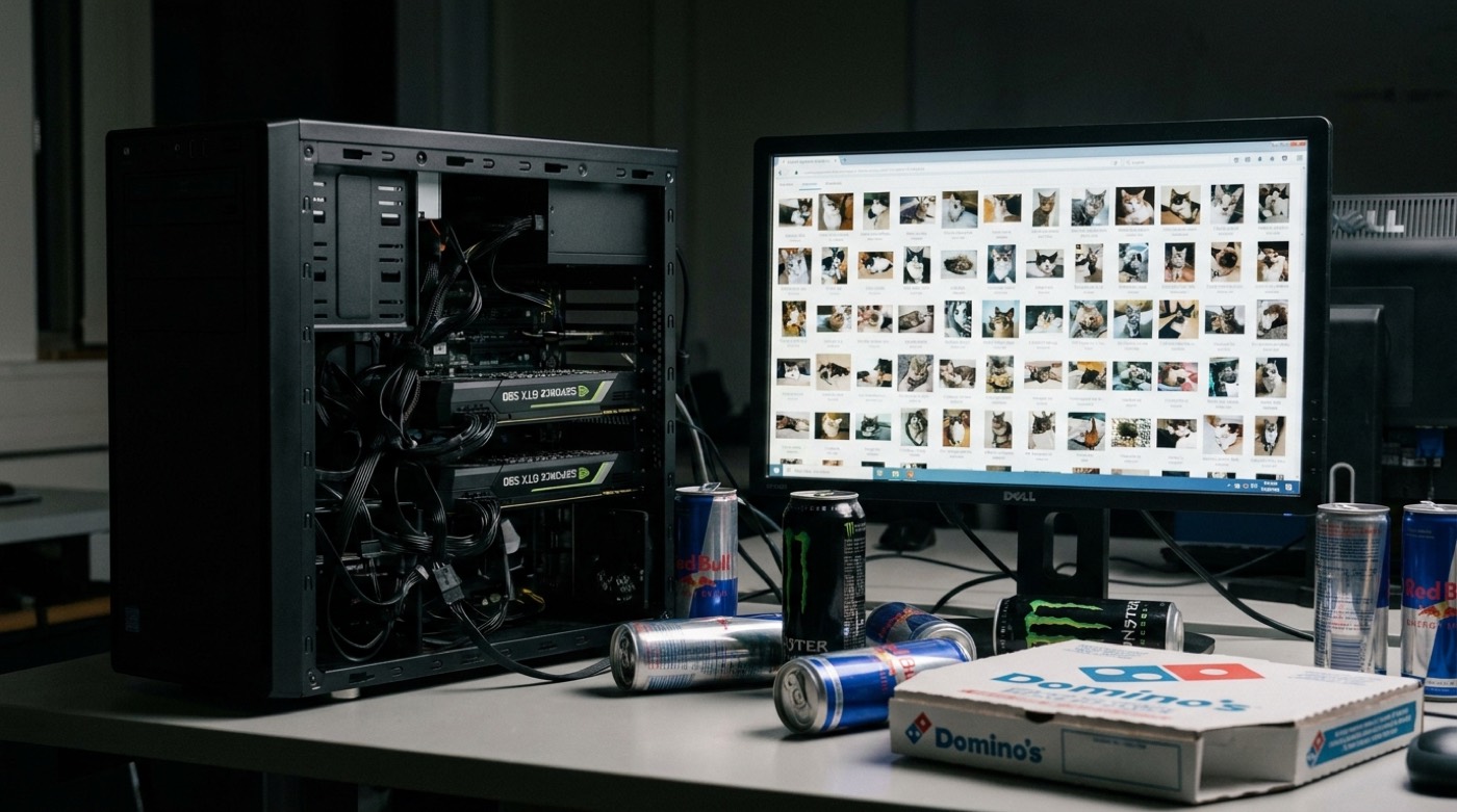 A glowing GPU tower in a dark lab with a monitor of cat photos