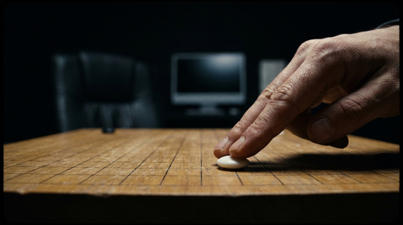 A hand placing a Go stone across from an empty chair
