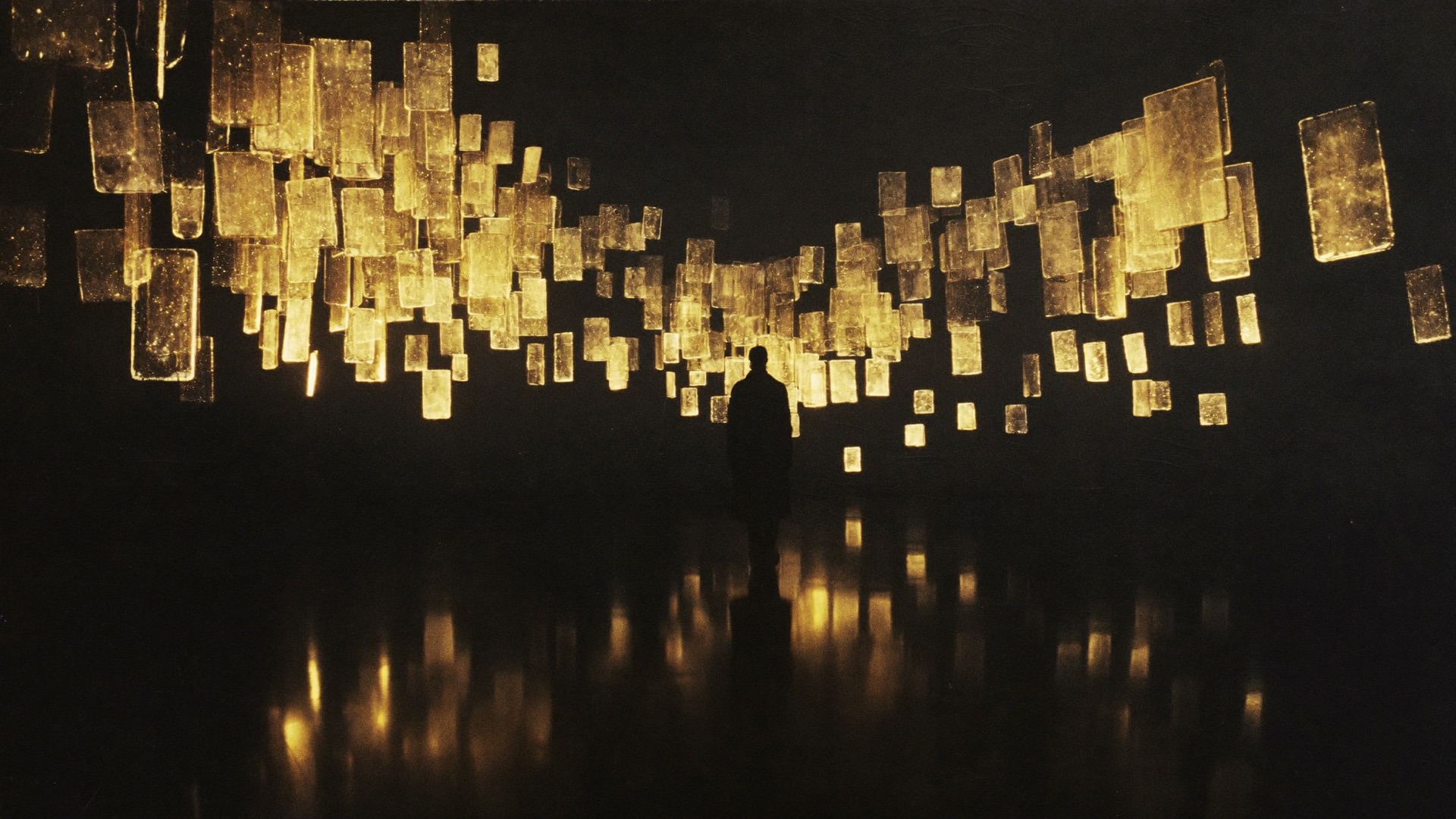 A silhouetted figure facing an immense wall of floating golden panes of light