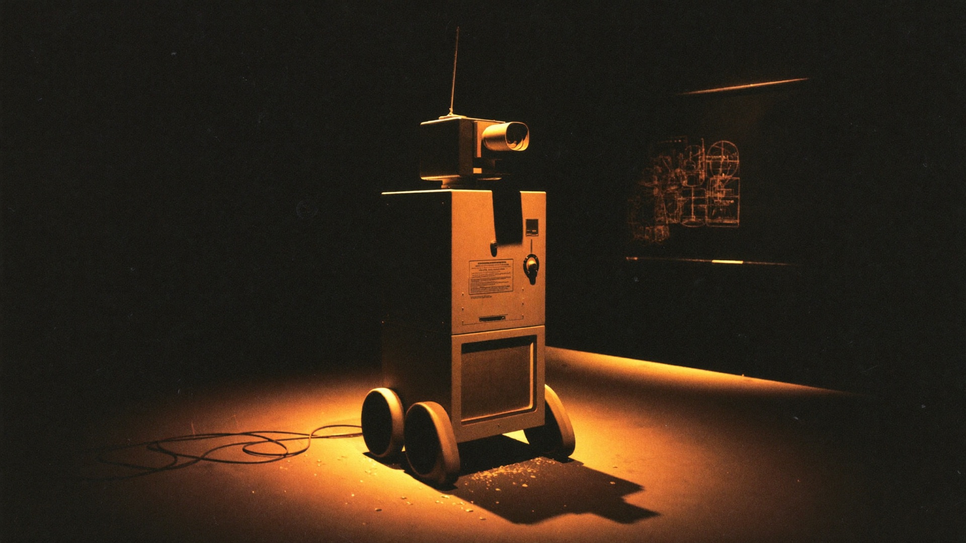 A boxy 1960s laboratory robot standing under a warm spotlight in a dark lab